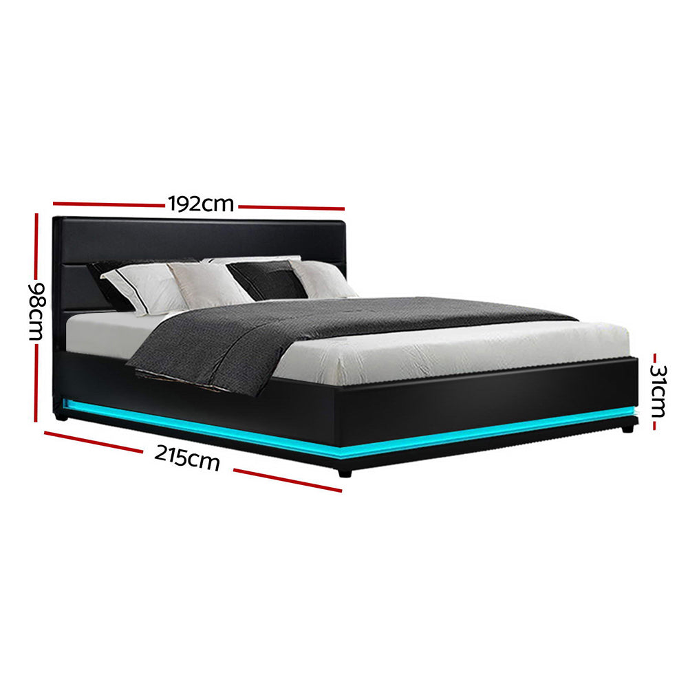 Artiss Lumi LED Bed Frame PU Leather Gas Lift Storage - Black King - BM House & Garden