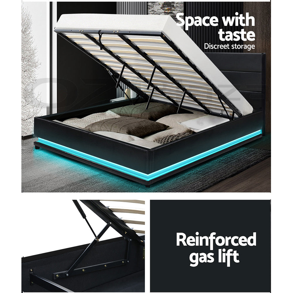 Artiss Lumi LED Bed Frame PU Leather Gas Lift Storage - Black King - BM House & Garden