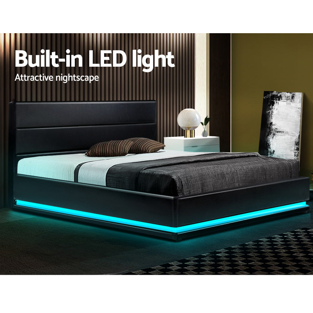 Artiss Lumi LED Bed Frame PU Leather Gas Lift Storage - Black Queen - BM House & Garden