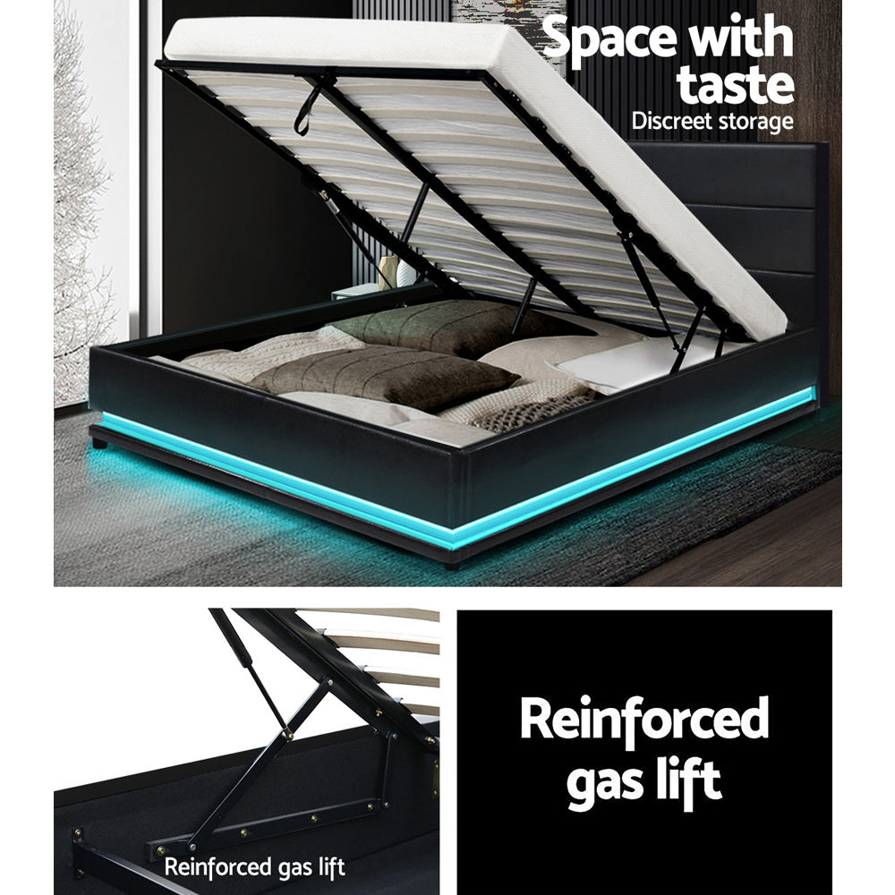 Artiss Lumi LED Bed Frame PU Leather Gas Lift Storage - Black Queen - BM House & Garden