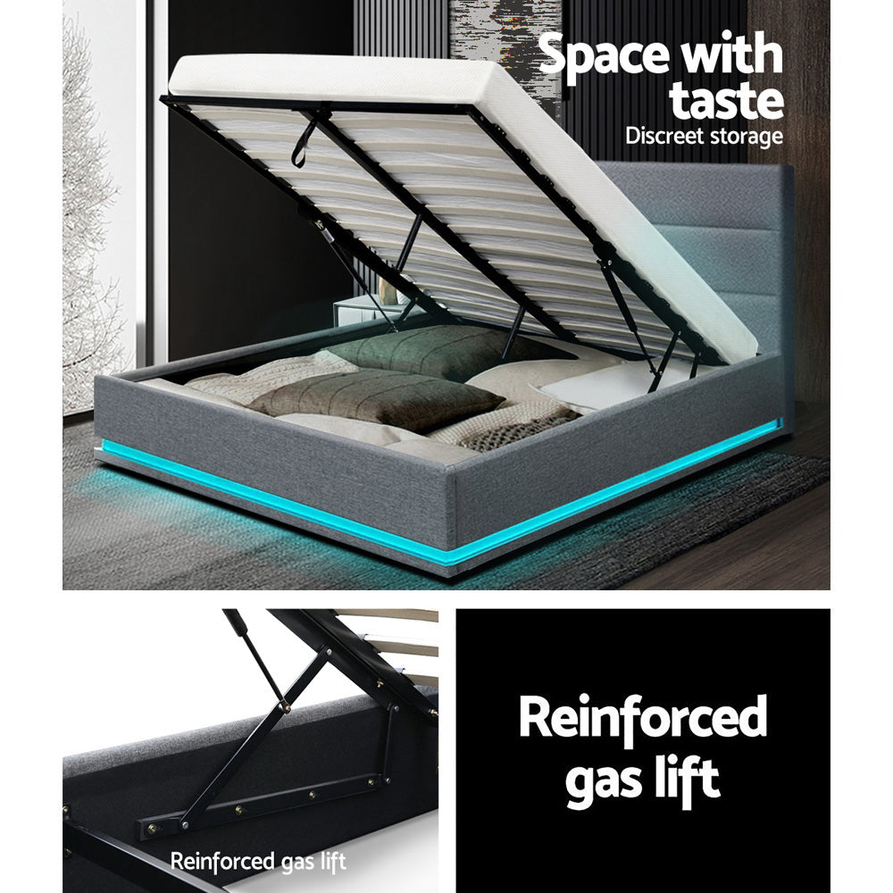 Artiss Lumi LED Bed Frame Fabric Gas Lift Storage - Grey Queen - BM House & Garden
