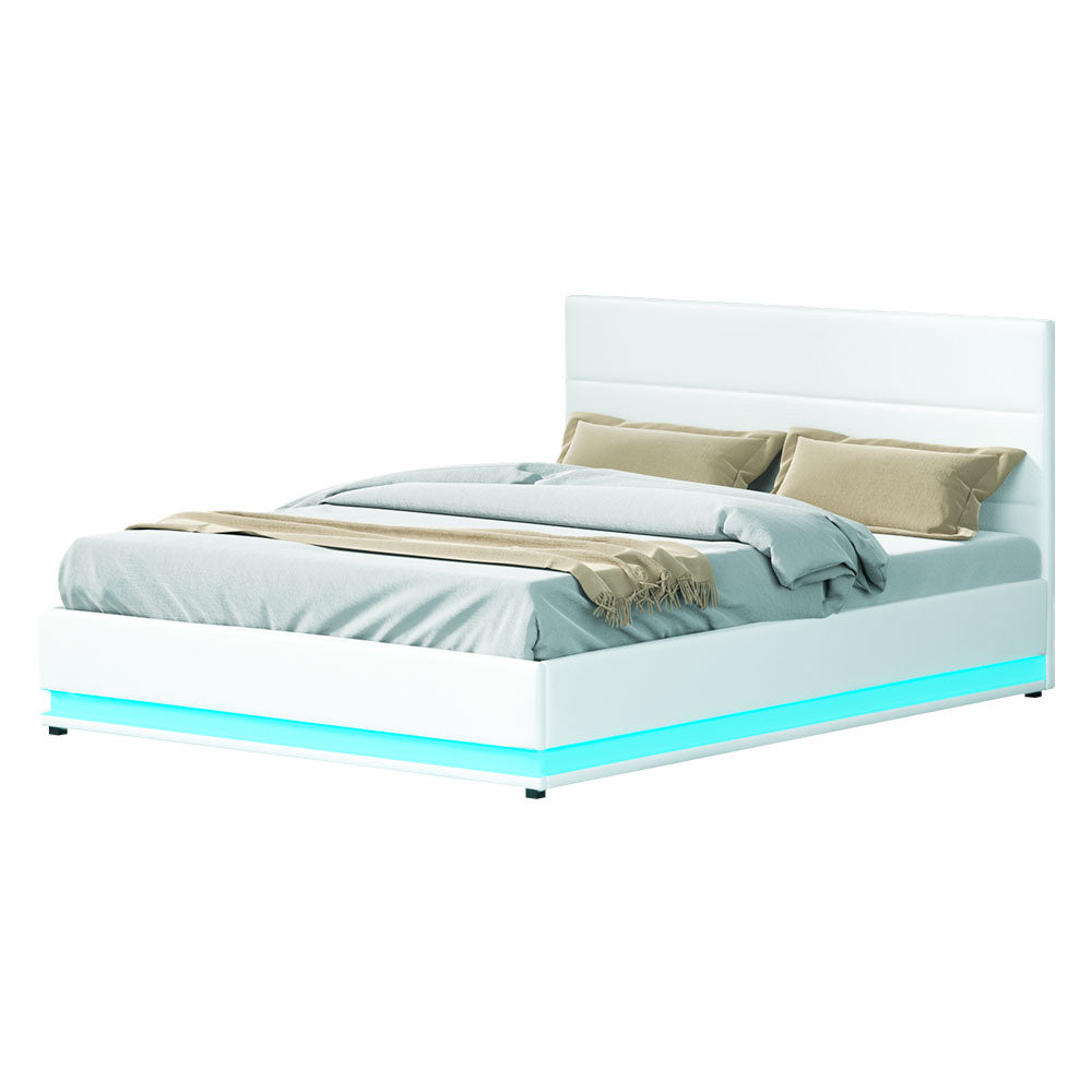 Artiss Lumi LED Bed Frame PU Leather Gas Lift Storage - White Queen - BM House & Garden
