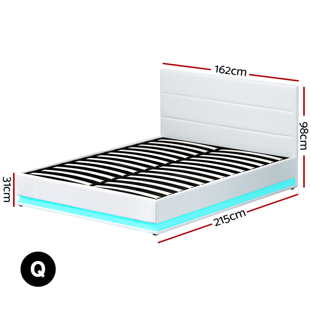 Artiss Lumi LED Bed Frame PU Leather Gas Lift Storage - White Queen - BM House & Garden