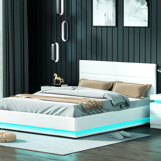 Artiss Lumi LED Bed Frame PU Leather Gas Lift Storage - White Queen - BM House & Garden