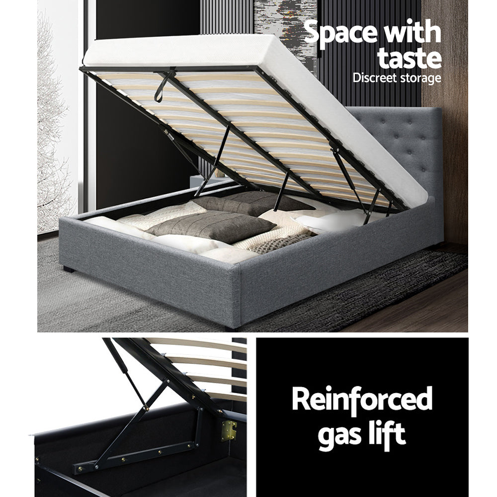 Artiss Vila Bed Frame Fabric Gas Lift Storage - Grey Double - BM House & Garden