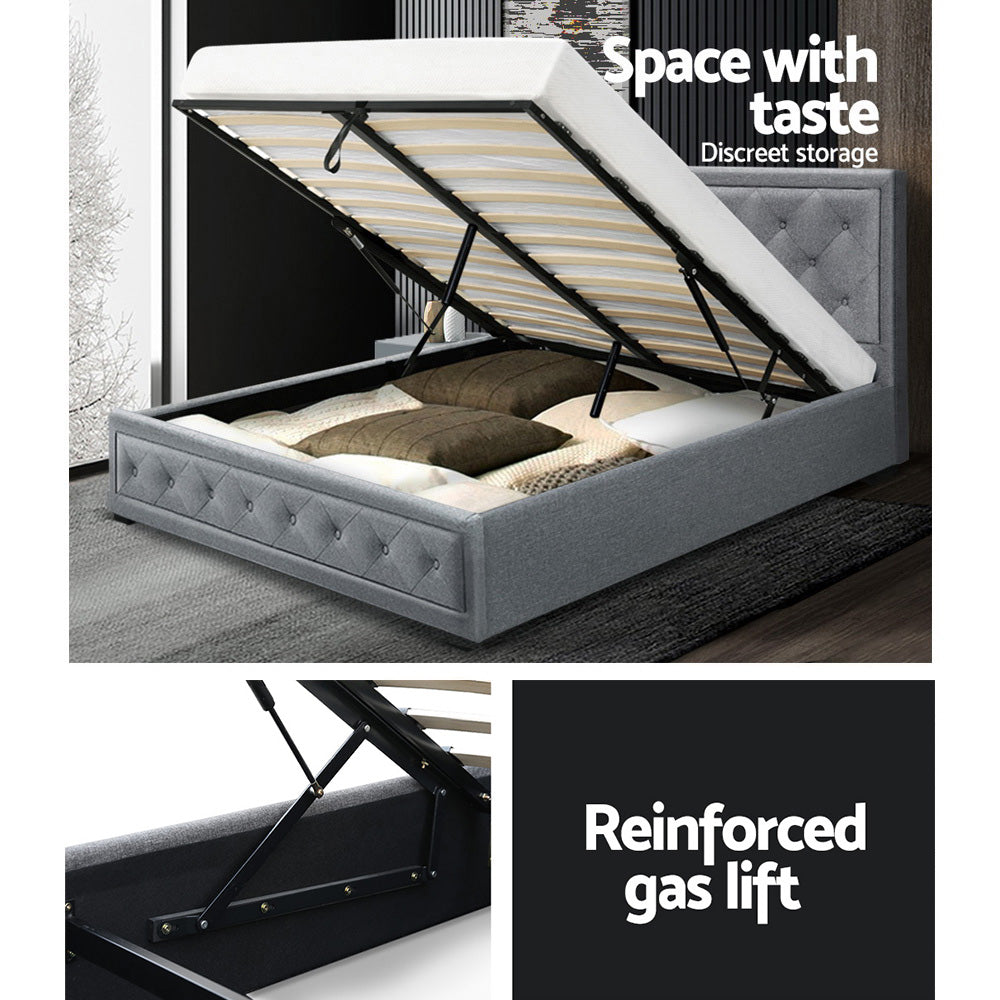 Artiss Tiyo Bed Frame Fabric Gas Lift Storage - Grey Double - BM House & Garden