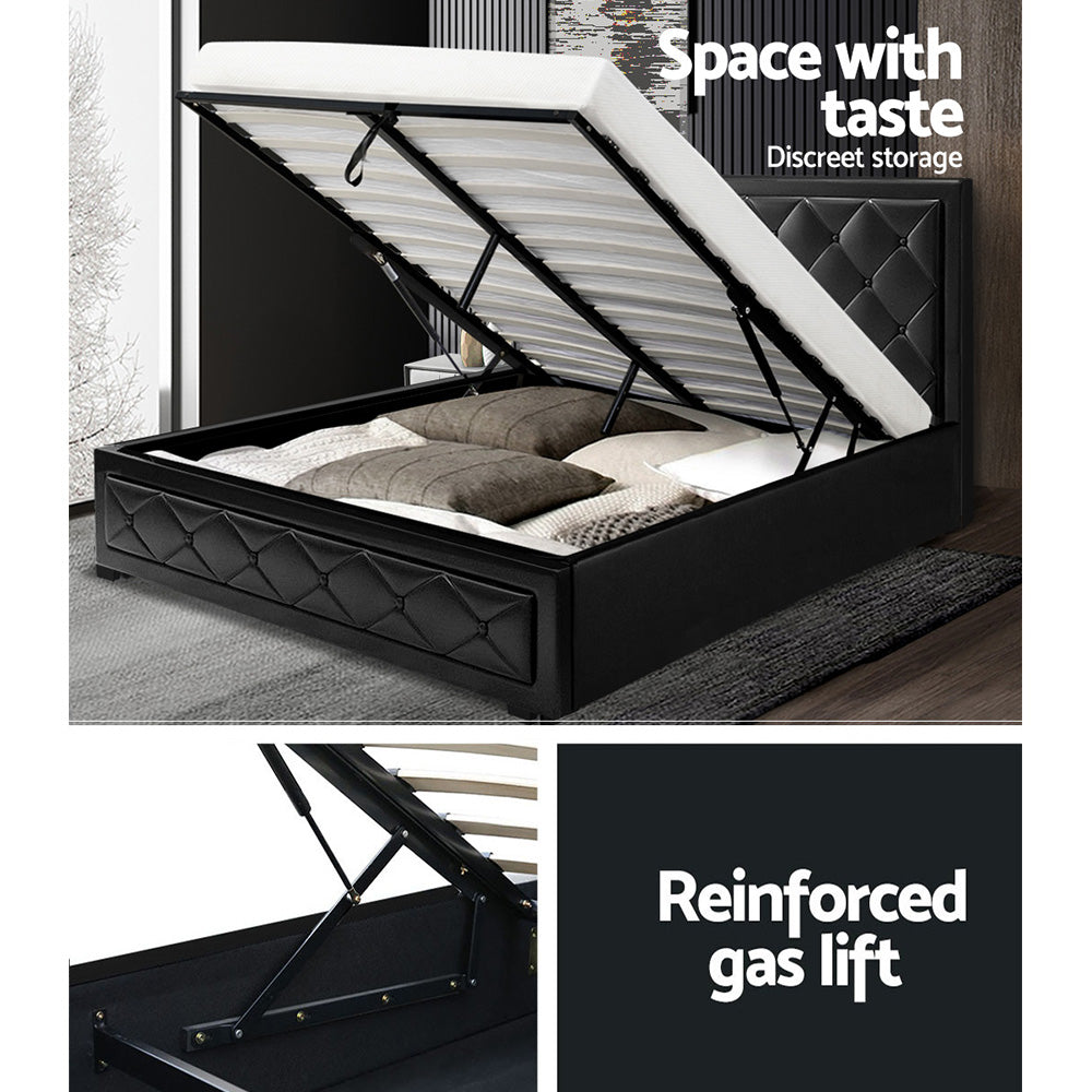 Artiss Bed Frame Double Size Gas Lift Base With Storage Black Leather Tiyo Collection - BM House & Garden