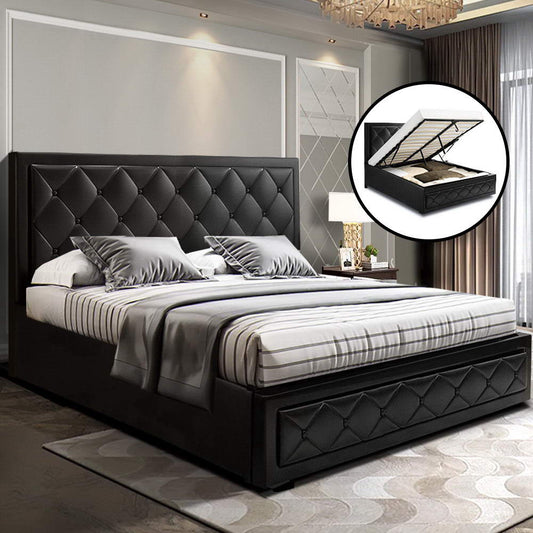 Artiss Bed Frame Double Size Gas Lift Base With Storage Black Leather Tiyo Collection - BM House & Garden