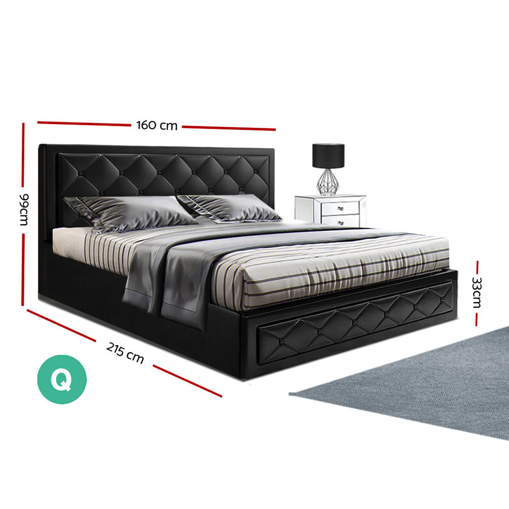 Artiss Tiyo Bed Frame PU Leather Gas Lift Storage - Black Queen - BM House & Garden