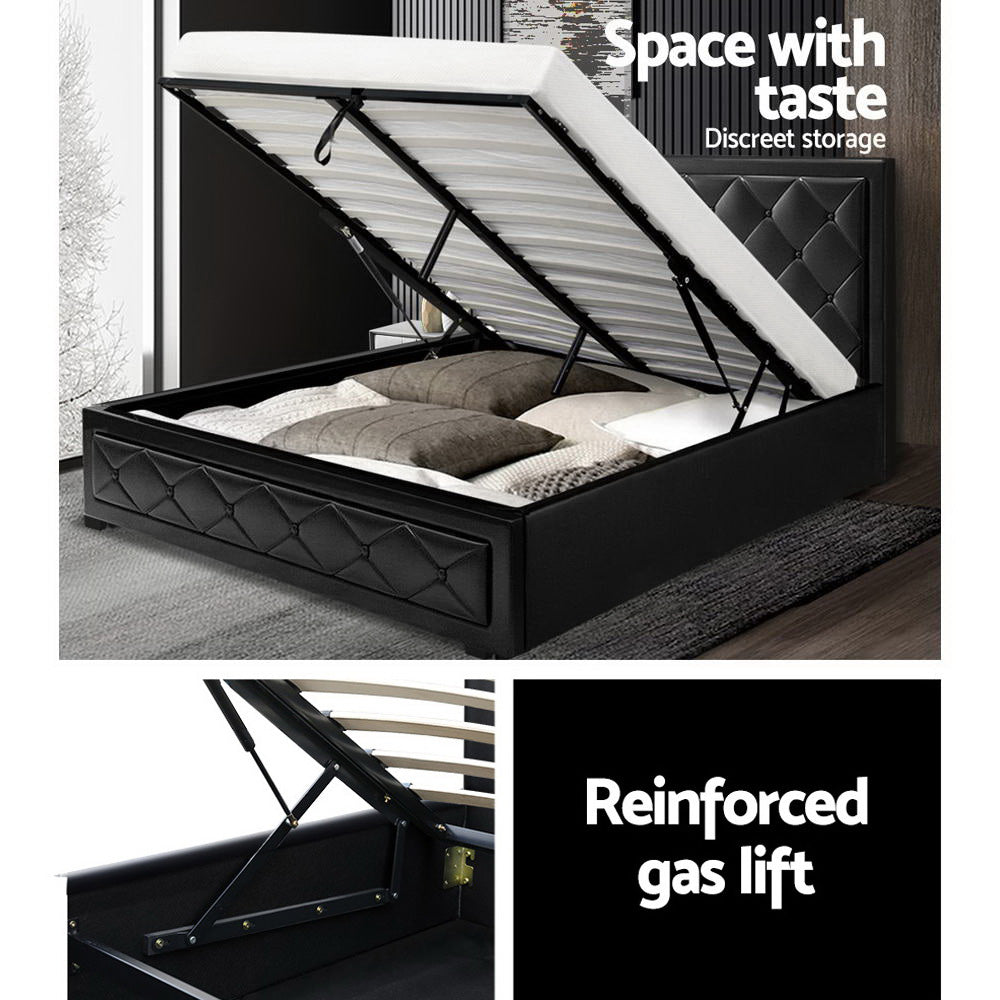 Artiss Tiyo Bed Frame PU Leather Gas Lift Storage - Black Queen - BM House & Garden