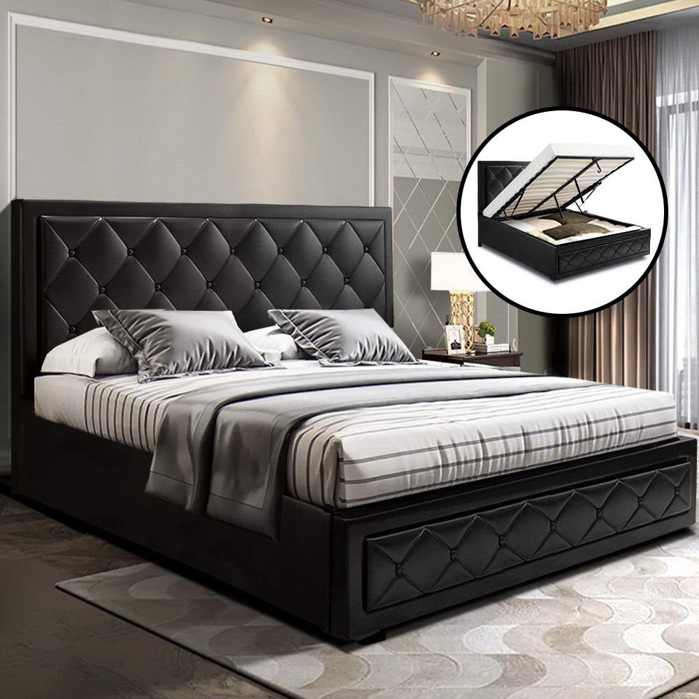 Artiss Tiyo Bed Frame PU Leather Gas Lift Storage - Black Queen - BM House & Garden