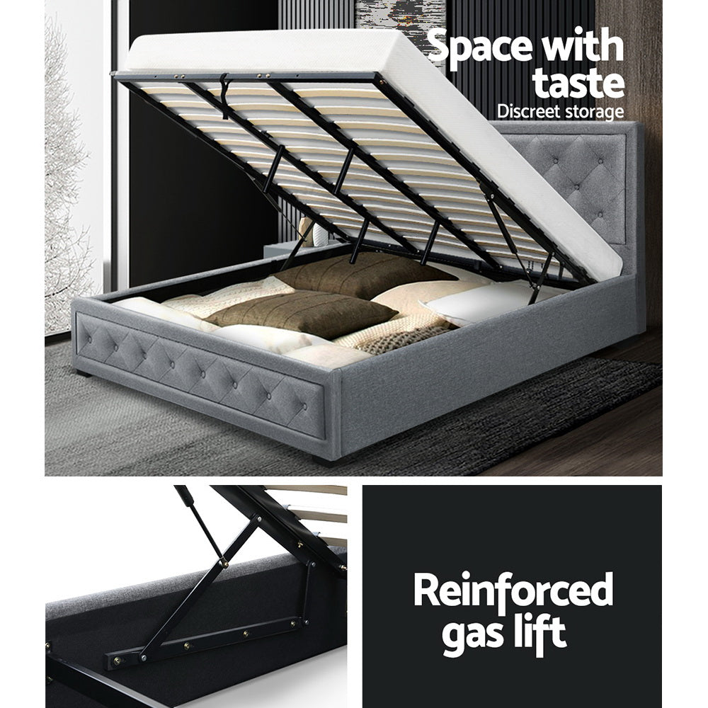 Artiss Tiyo Bed Frame Fabric Gas Lift Storage - Grey King - BM House & Garden