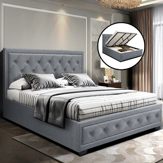 Artiss Tiyo Bed Frame Fabric Gas Lift Storage - Grey King - BM House & Garden