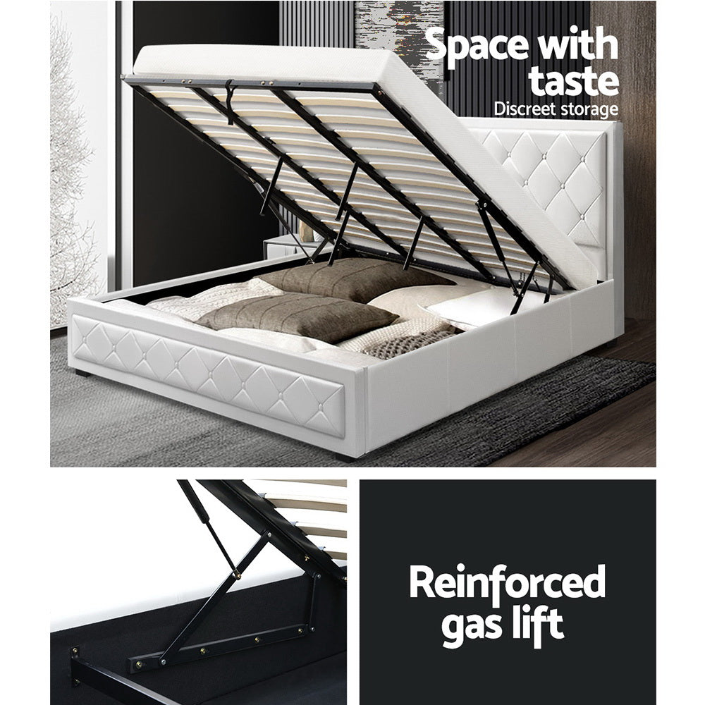 Artiss Bed Frame King Size Gas Lift Base With Storage White Leather Tiyo Collection - BM House & Garden