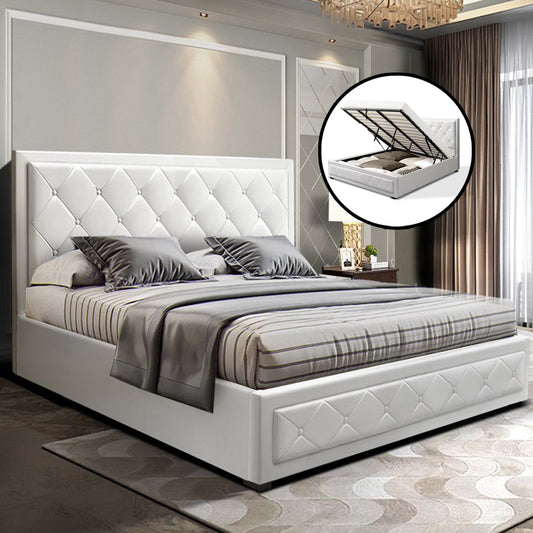 Artiss Bed Frame King Size Gas Lift Base With Storage White Leather Tiyo Collection - BM House & Garden