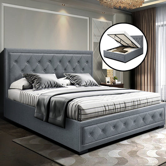 Artiss Tiyo Bed Frame Fabric Gas Lift Storage - Grey Queen - BM House & Garden