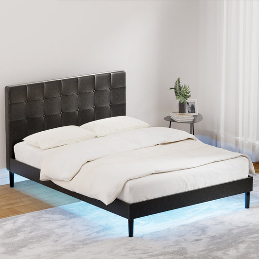 Artiss Bed Frame Double Bed Base w LED Lights Charge Ports Black Leather RAVI - BM House & Garden