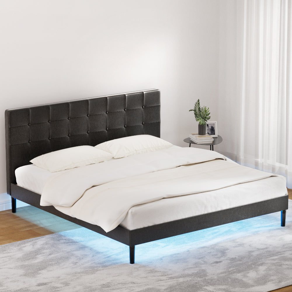 Artiss Bed Frame King Bed Base w RGB LED Lights Charge Ports Black Leather RAVI - BM House & Garden