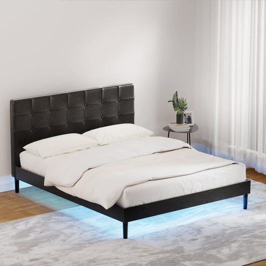 Artiss Bed Frame Queen Bed Base w LED Lights Charge Ports Black Leather RAVI - BM House & Garden