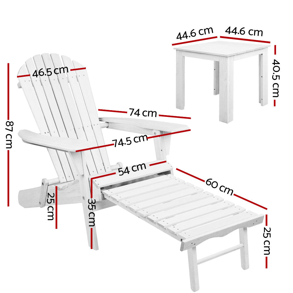 Gardeon 3 Piece Outdoor Adirondack Lounge Beach Chair Set - White - BM House & Garden