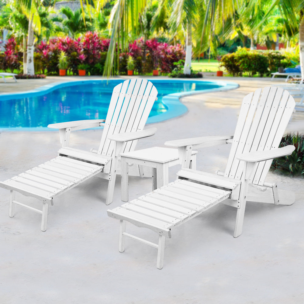 Gardeon 3 Piece Outdoor Adirondack Lounge Beach Chair Set - White - BM House & Garden