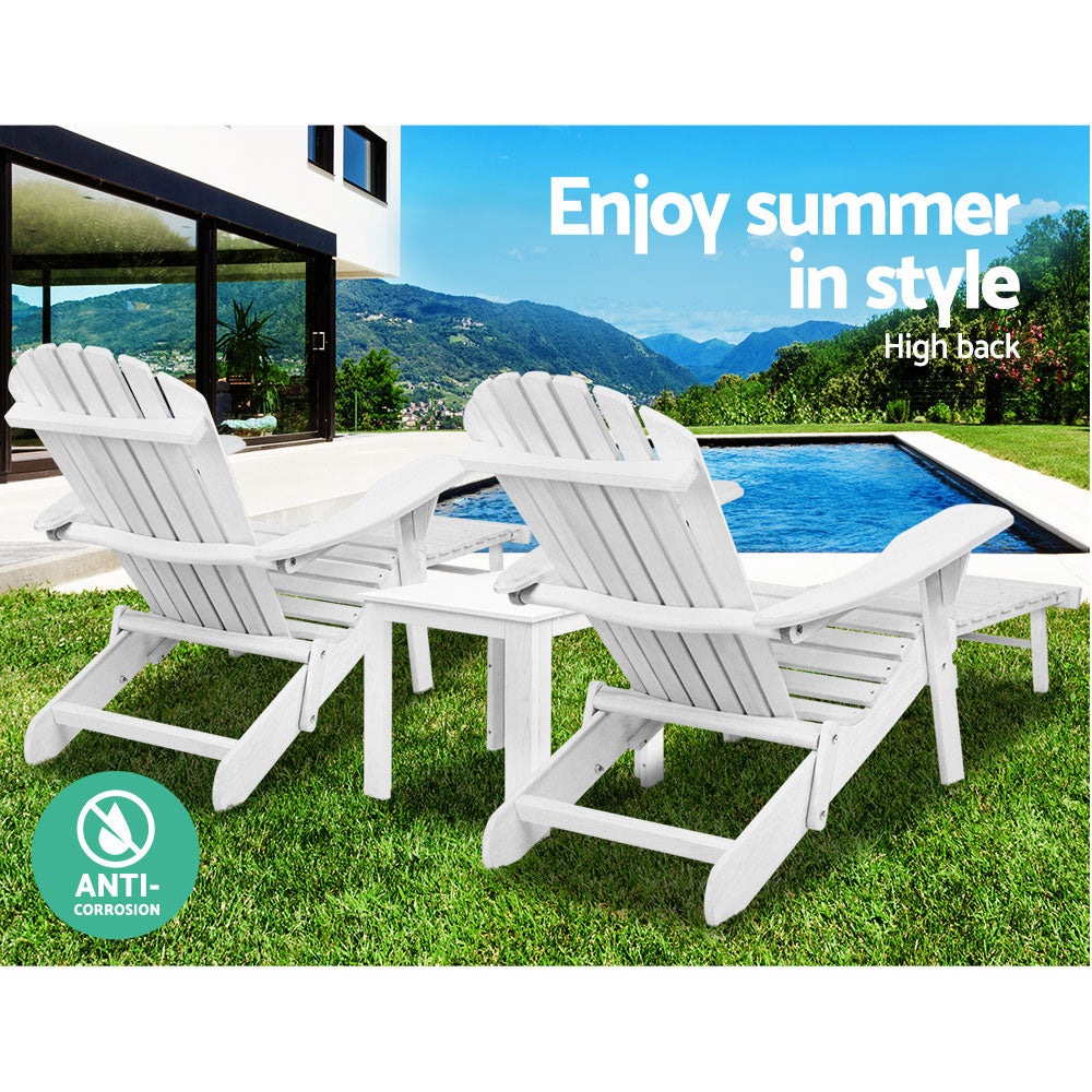 Gardeon 3 Piece Outdoor Adirondack Lounge Beach Chair Set - White - BM House & Garden