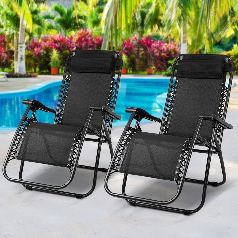 Gardeon Set of 2 Zero Gravity Chairs Reclining Outdoor Furniture Sun Lounge Folding Camping Lounger Black - BM House & Garden