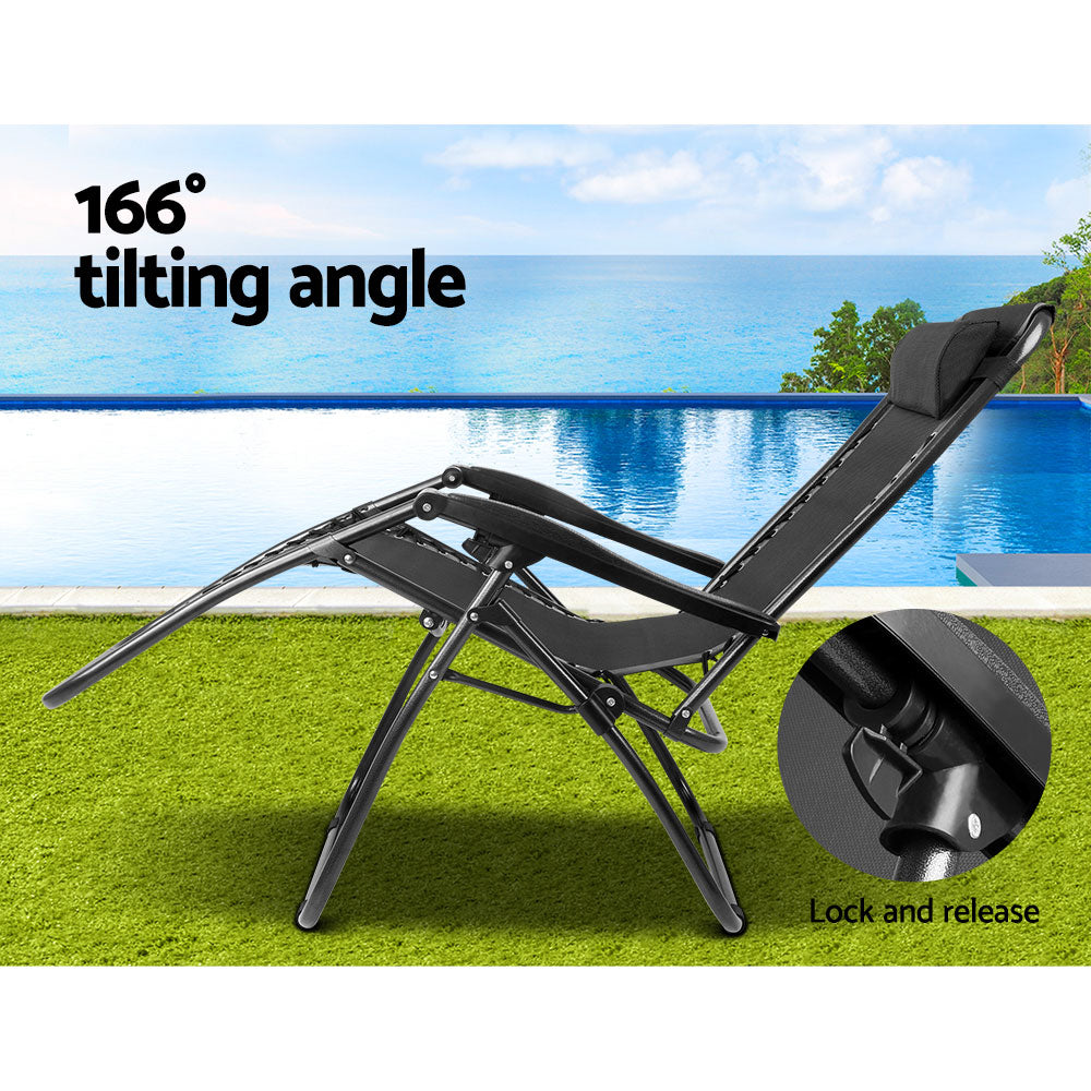 Gardeon Set of 2 Zero Gravity Chairs Reclining Outdoor Furniture Sun Lounge Folding Camping Lounger Black - BM House & Garden