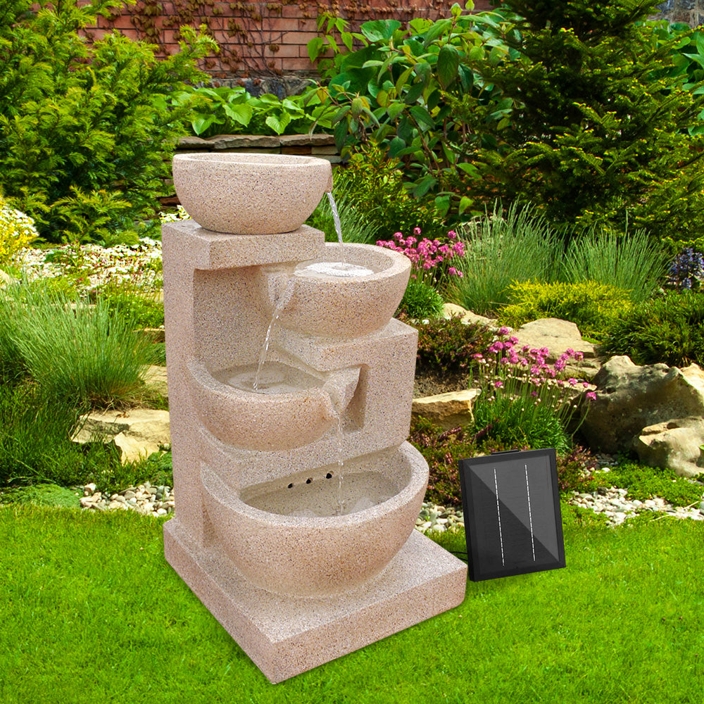 Gardeon  4 Tier Solar Powered Water Fountain with Light - Sand Beige - BM House & Garden