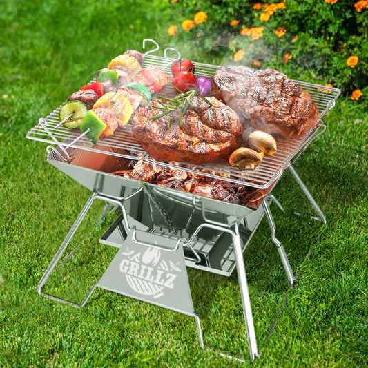 Grillz Camping Fire Pit BBQ 2-in-1 Grill Smoker Outdoor Portable Stainless Steel - BM House & Garden