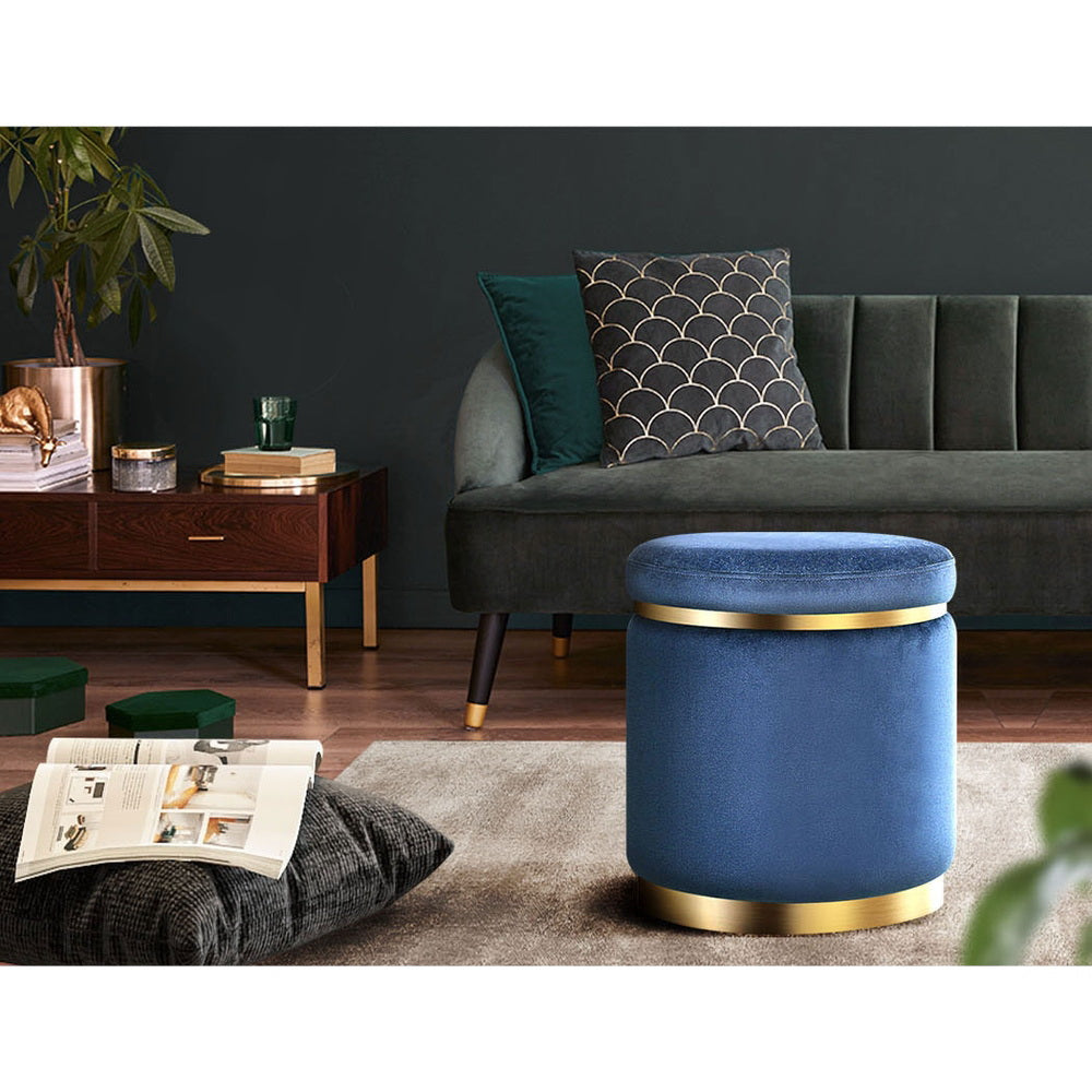 Artiss Foot Stool Round Velvet Ottoman Foot Rest Pouf Padded Seat Footstool Navy - BM House & Garden