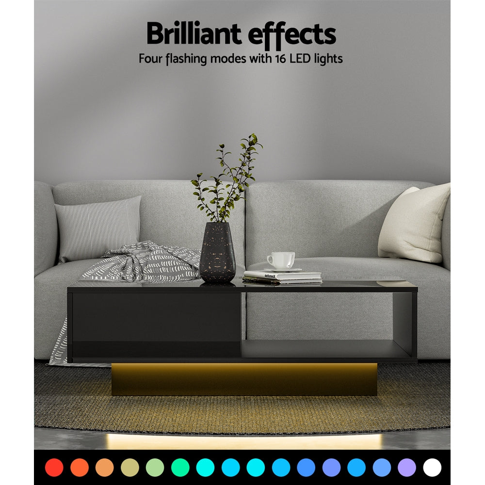 Artiss Coffee Table LED Lights High Gloss Storage Drawer Modern Furniture Black - BM House & Garden