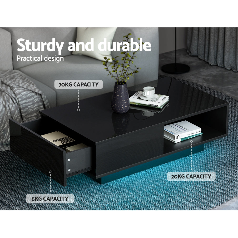 Artiss Coffee Table LED Lights High Gloss Storage Drawer Modern Furniture Black - BM House & Garden