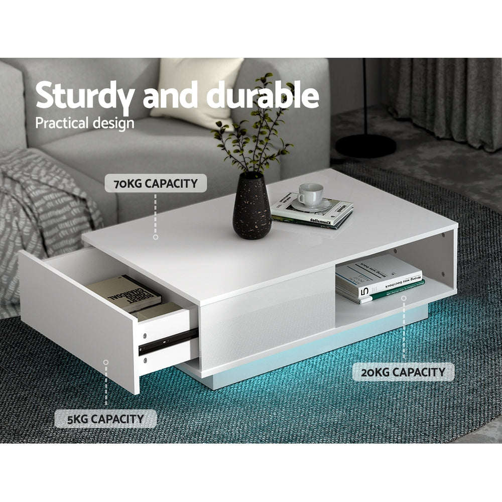 Artiss White Coffee Table with Led Lights