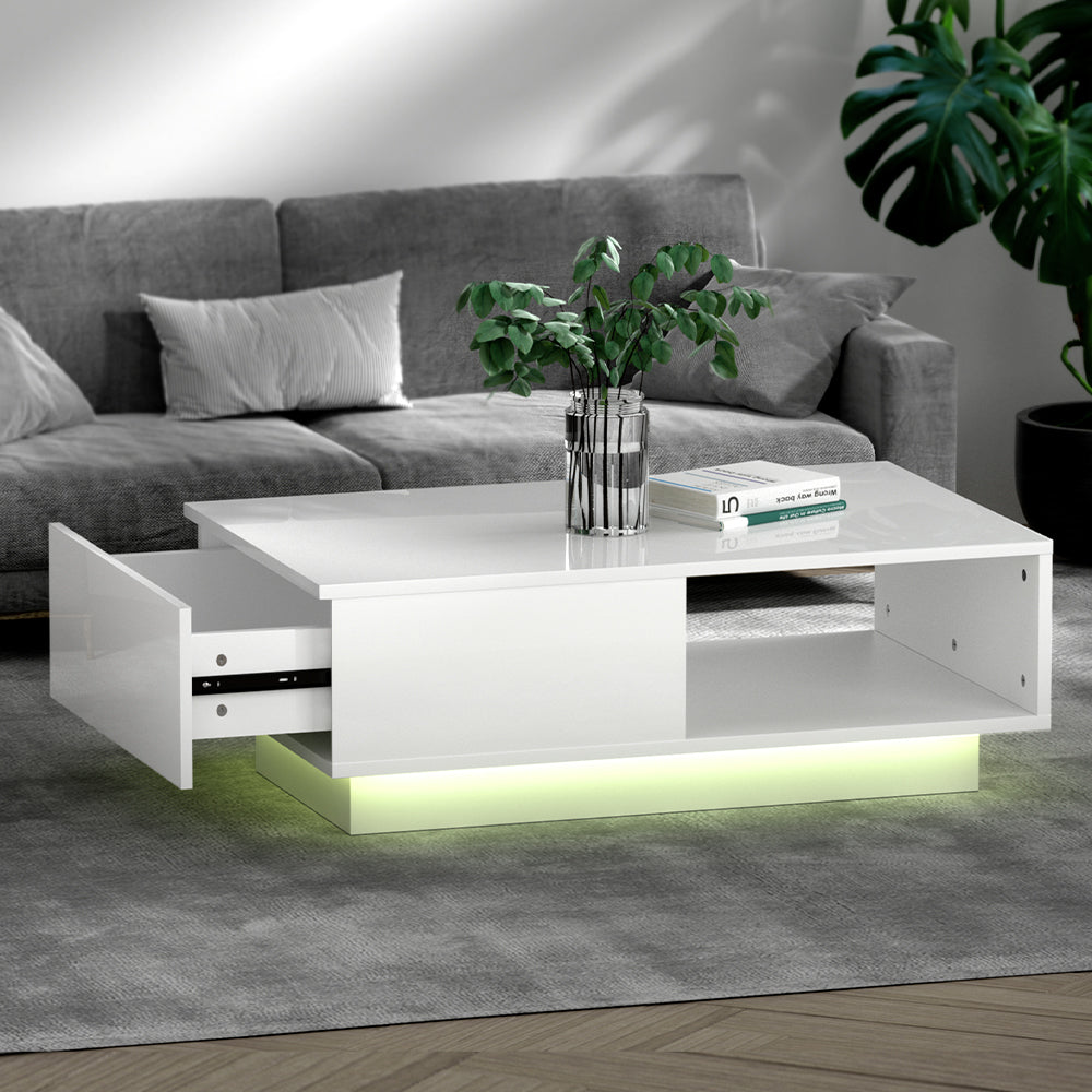 Artiss White Coffee Table with Led Lights