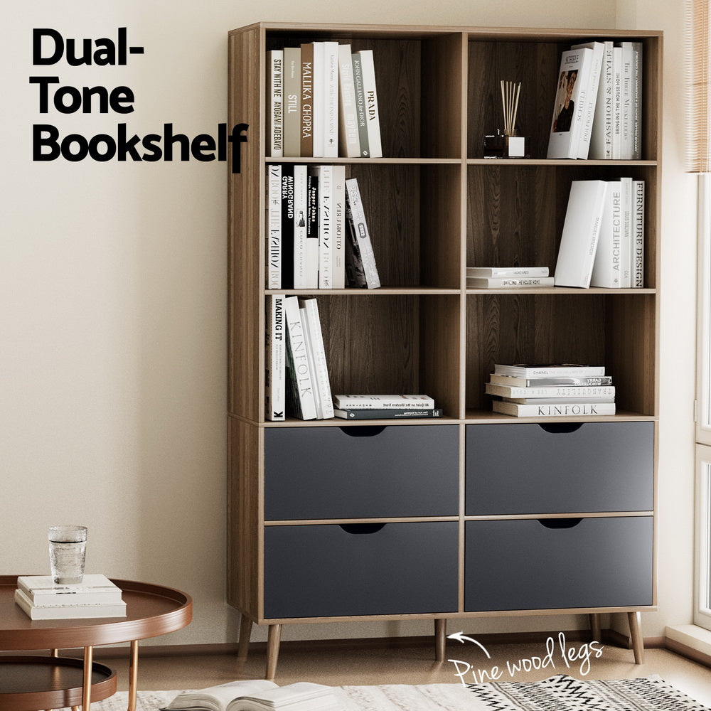 Artiss Mitzi Oak and Blue Bookshelf with 4 Drawers