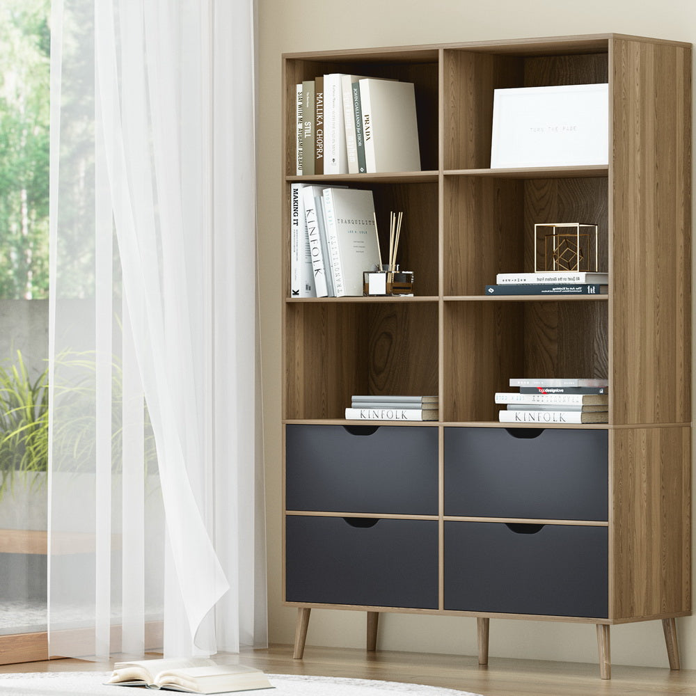 Artiss Mitzi Oak and Blue Bookshelf with 4 Drawers