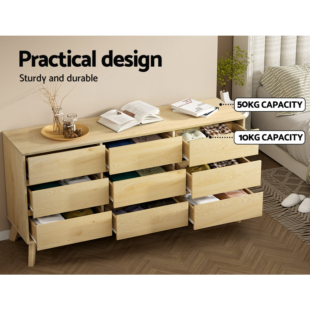 Artiss 9 Chest of Drawers Cabinet Dresser Table Tallboy Storage Bedroom Oak - BM House & Garden