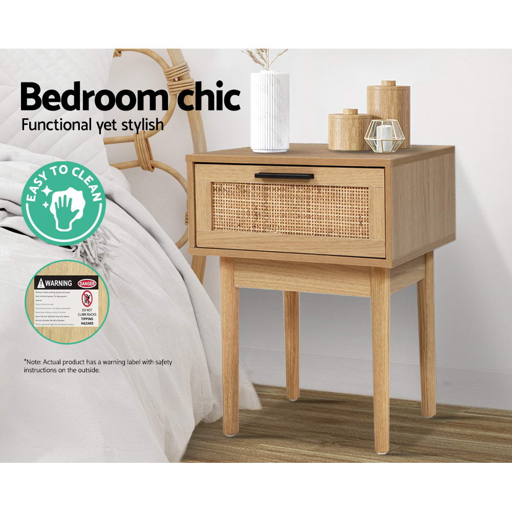 Artiss Bedside Tables Table 1 Drawer Storage Cabinet Rattan Wood Nightstand - BM House & Garden