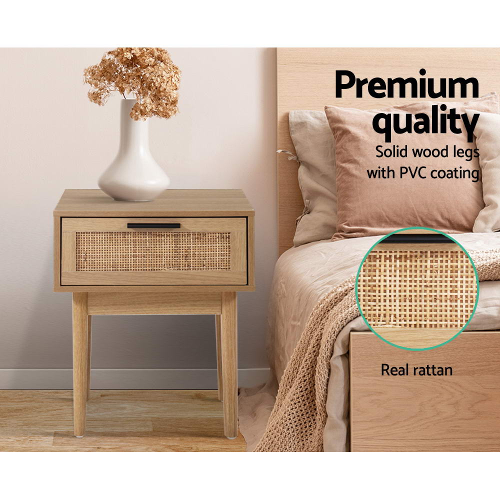 Artiss Bedside Tables Table 1 Drawer Storage Cabinet Rattan Wood Nightstand - BM House & Garden