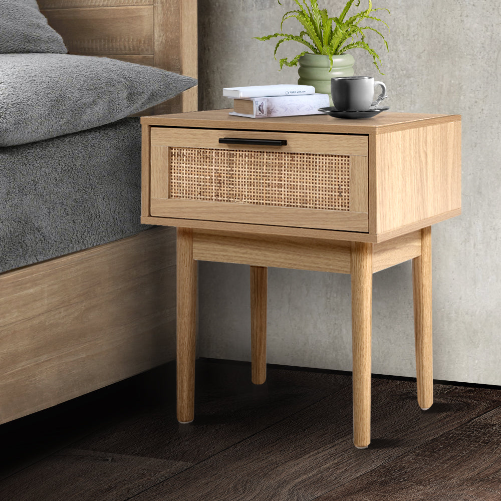 Artiss Bedside Tables Table 1 Drawer Storage Cabinet Rattan Wood Nightstand - BM House & Garden