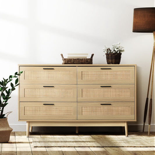 Artiss 6 Chest of Drawers Rattan Tallboy Cabinet Bedroom Clothes Storage Wood - BM House & Garden