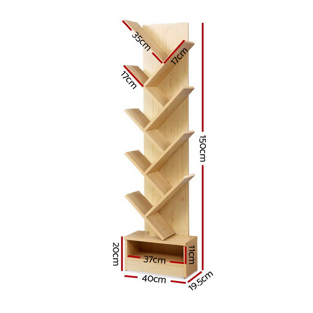 Artiss Display Shelf 9-Shelf Tree Bookshelf Book Storage Rack Bookcase Natural - BM House & Garden