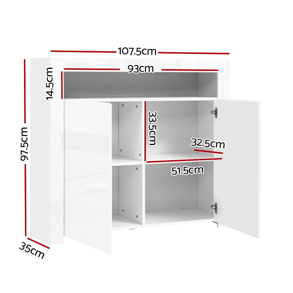 Artiss Buffet Sideboard Cabinet LED High Gloss Storage Cupboard 2 Doors White - BM House & Garden