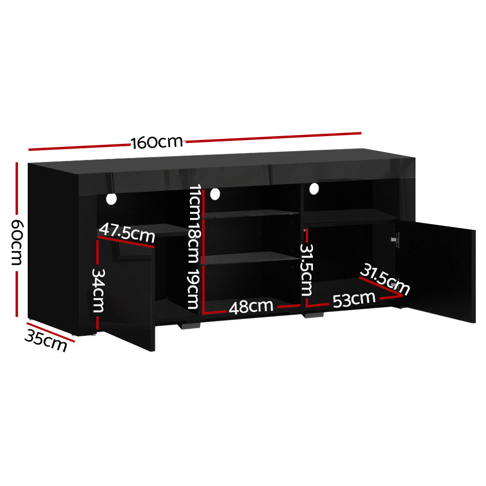 Artiss TV Cabinet Entertainment Unit Stand RGB LED Gloss Furniture 160cm Black - BM House & Garden