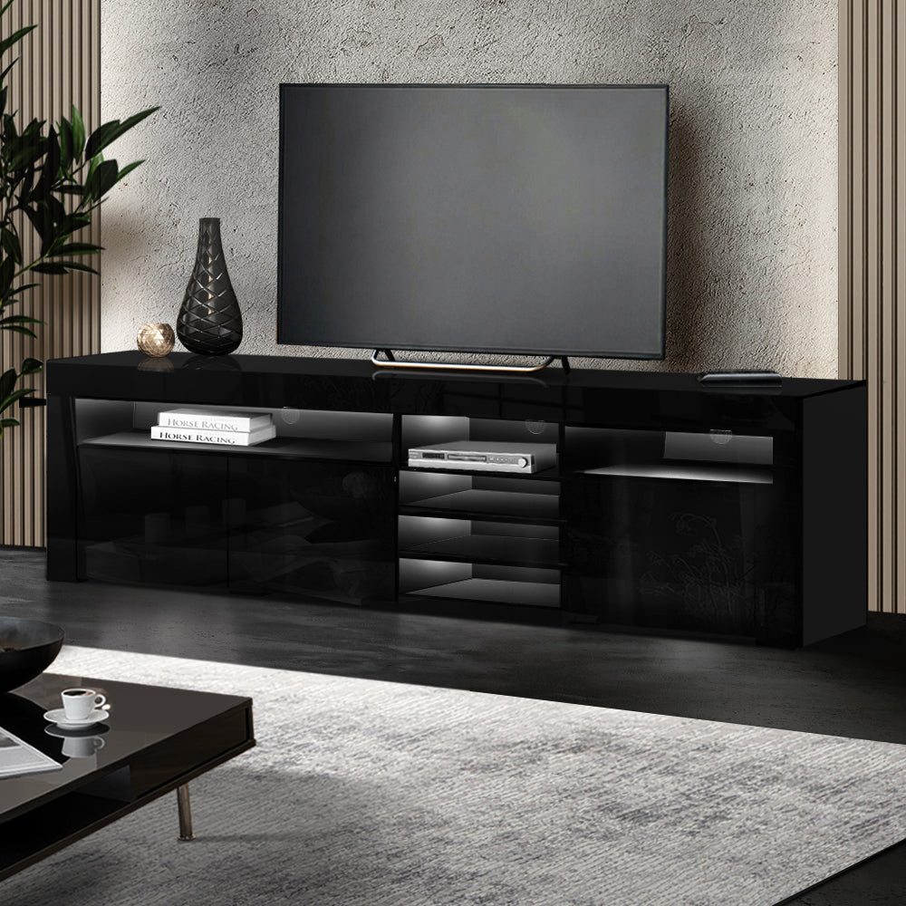 Artiss TV Cabinet Entertainment Unit Stand RGB LED Gloss 3 Doors 180cm Black - BM House & Garden