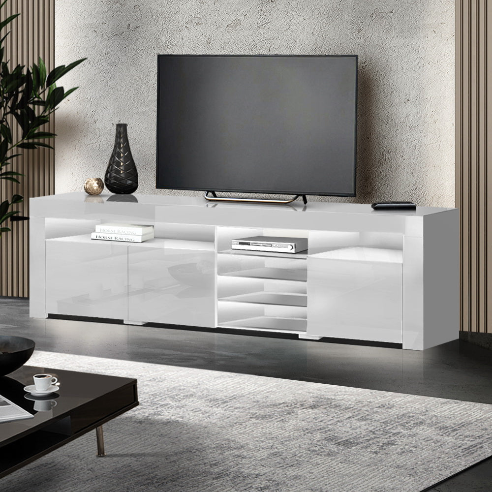 Artiss TV Cabinet Entertainment Unit Stand RGB LED Gloss 3 Doors 180cm White - BM House & Garden