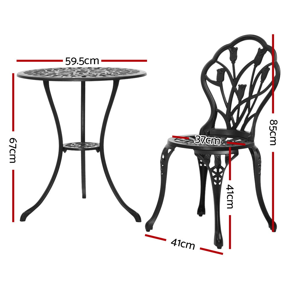 Gardeon 3PC Outdoor Setting Cast Aluminium Bistro Table Chair Patio Black - BM House & Garden