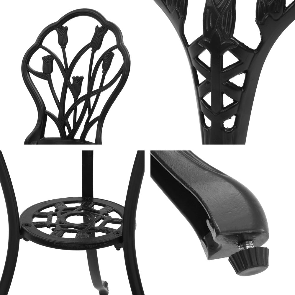 Gardeon 3PC Outdoor Setting Cast Aluminium Bistro Table Chair Patio Black - BM House & Garden