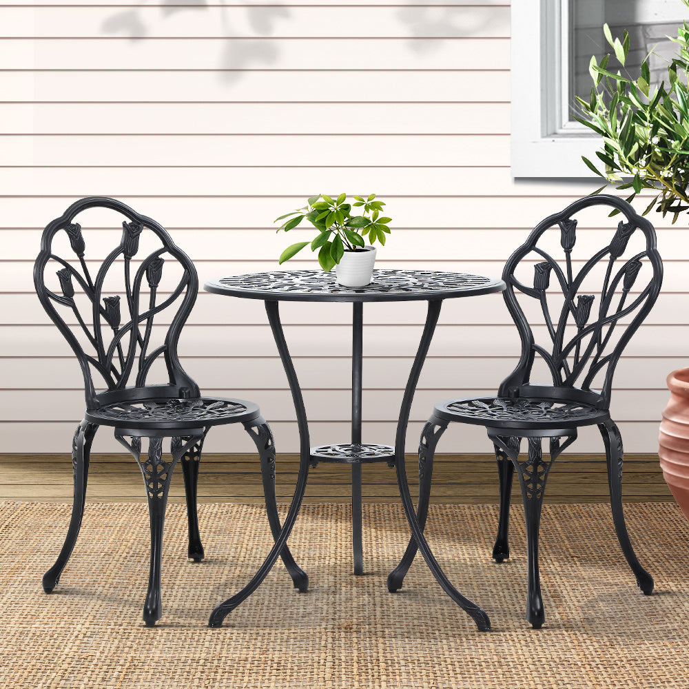 Gardeon 3PC Outdoor Setting Cast Aluminium Bistro Table Chair Patio Black - BM House & Garden